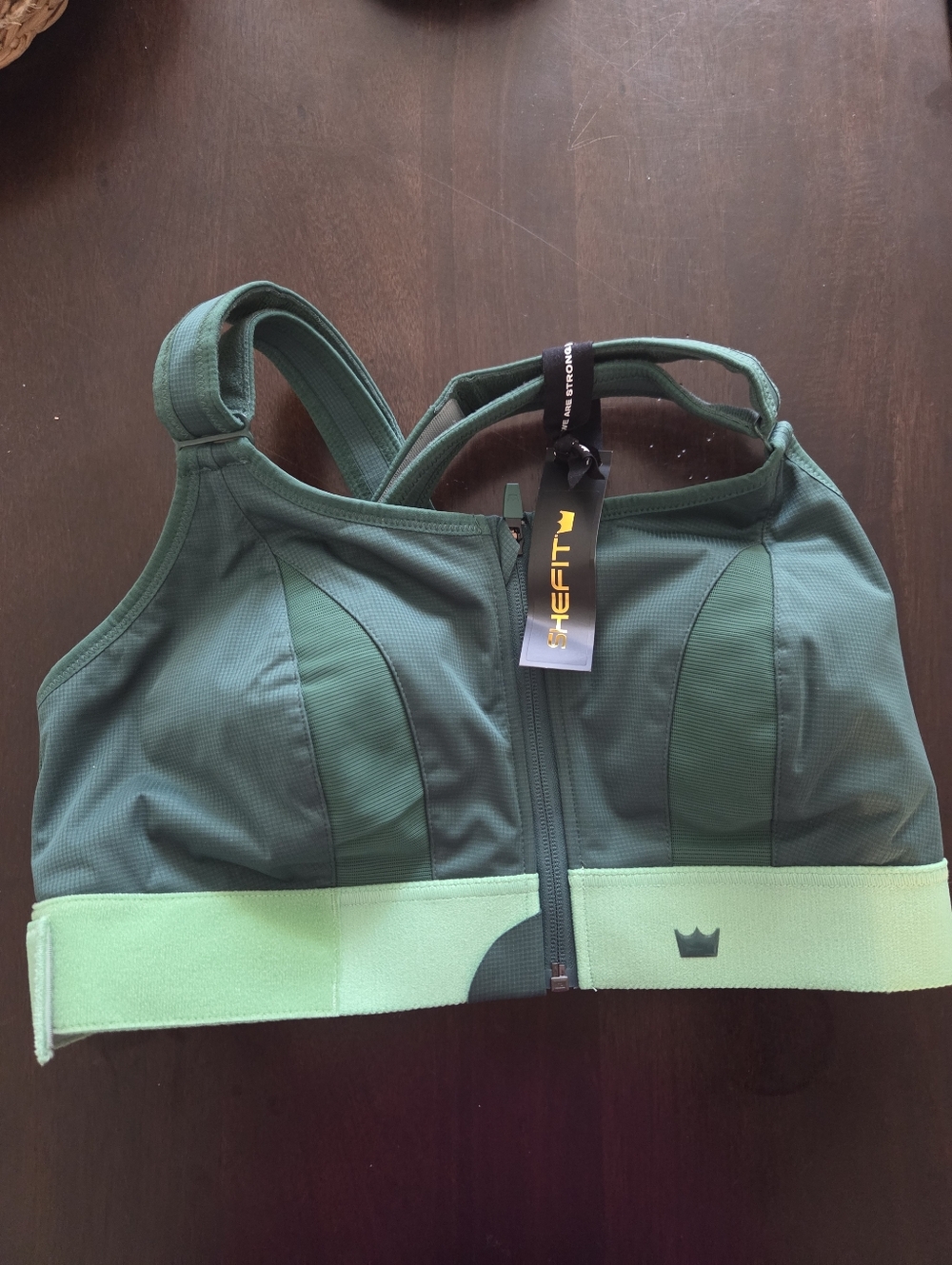 Shefit Green Front-Zip High-Support Sports Bra  Sz 2luxe